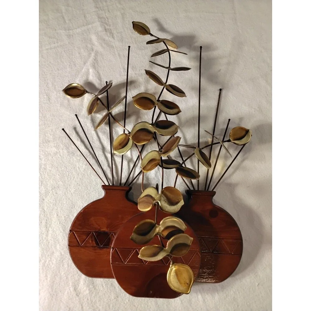 Vintage HOMCO Retro Brass Eucalyptus Leaves Sculpture Hopi Wood Planter